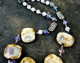 Grey Multi-Colored Handmade Ceramic Beads, Lavender Crystals and White Aventurine Necklace