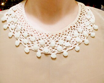 Ivory Cream White Statement Collar Necklace with Opalescent Crystals, Crocheted Bib Choker and Adjustable
