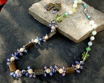 Lavender Grey Crystals, Jasper, Mother of Pearl, and  Green Aventurine Jewelry Set