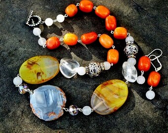 Blue Agate and Pumpkin Orange Quartzite Jewelry Set
