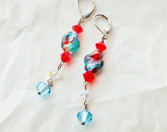 Swarovski Crystal Dangle Drop Long Earrings- Red, Light Blue, Clear Swarovski, Multi Teal Purple Glass Swirl Spiral Bead- Wired in Silver