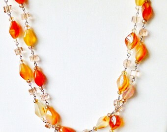 Red Carnelian Semi Precious Stone Necklace with Peach Pink Faceted Crystals- Wired in Silver