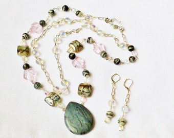 Grey Striped Jet Semi Precious Stone, Pink and Clear Aurora Borealis Czech Crystal Double Strand Necklace Earrings Set- Wired in Silver