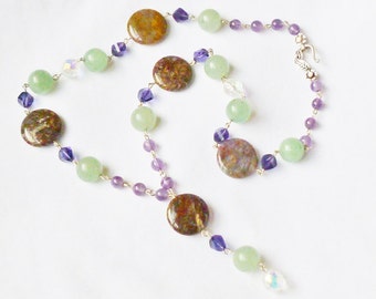 Semi Precious Stone Necklace- Pietersite, Light Green Amazonite, Purple Amethyst w/ Purple Swarovski Crystal, White Aurora Borealis Crystals