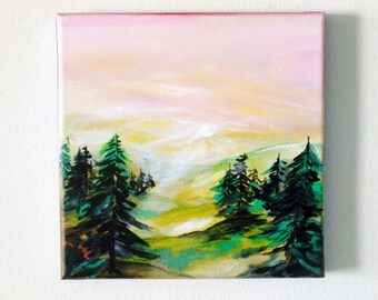 Forest Evergreen- 8 x8 inch Original Acrylic Painting, Gallery Wrapped Stretched Canvas- Ready to Hang Wall Art, Home Office Decor