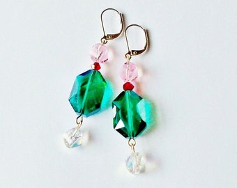 Teal Crystal Earrings w/ Pink, Red, and White  Swarovski Crystals