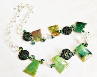 Moss Agate, Carved Flower Black Cinnabar with Faceted Crystals Necklace and Earrings/ Jewelry Set