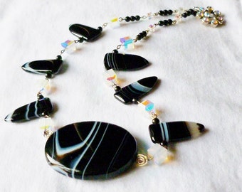 Black White Striped Agate with Aurora Borealis Milky Sheer White Cubed Faceted Crystals Necklace- Wired in Silver
