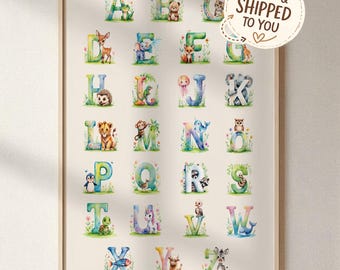 Unframed Watercolor Safari Animal Alphabet Poster, Educational Montessori Nursery Art and Playroom Print