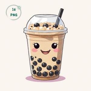 Könnte beinhalten: Cartoon-Illustration eines Bubble Tea in einem transparenten Plastikbecher mit gewölbtem Deckel und schwarzem Strohhalm. Das Getränk hat eine hellbraune Farbe mit schwarzen Tapiokaperlen. Der Becher hat ein lächelndes Gesicht.
