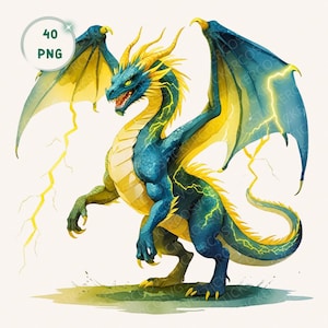 Könnte beinhalten: Aquarellillustration eines Drachen mit blauen und gelben Schuppen, Flügeln und Hörnern. Der Drache hat einen wilden Ausdruck und ist von Blitzen umgeben. Das Bild enthält den Text "40 PNG" in einem Kreis.