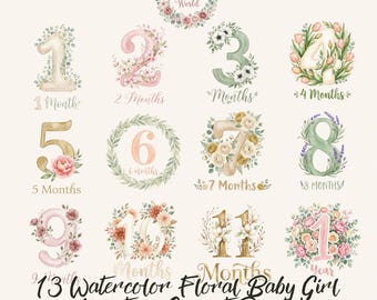 PNG con motivo floreale ad acquerello per le tappe di crescita di una bambina, grafica a sublimazione "Hello World" per neonati nei toni del rosa e della salvia.