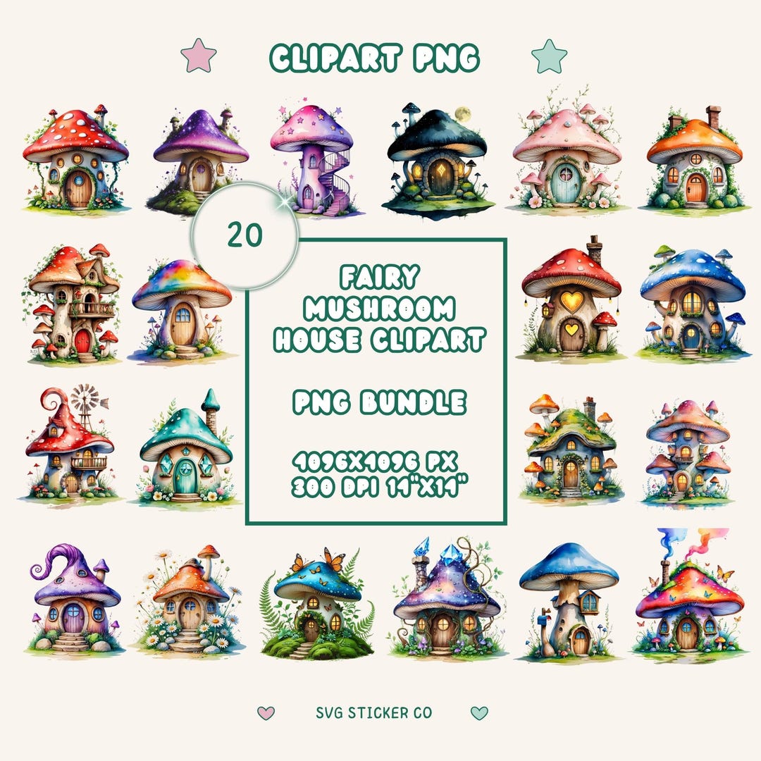 Fairy Mushroom House Clipart Bundle, Watercolor Fantasy Cottage PNG (20 ...
