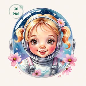 May include: A watercolor illustration of a smiling child wearing an astronaut helmet. The child has blonde pigtails, rosy cheeks, and brown eyes. Pink flowers and the American flag are included in the design. The image is labeled "16 PNG".