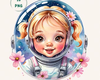 Clipart z dziewczyną astronautką w akwareli PNG, sublimacja na urodziny w kosmosie i dekoracja „Dosięgnij gwiazd”