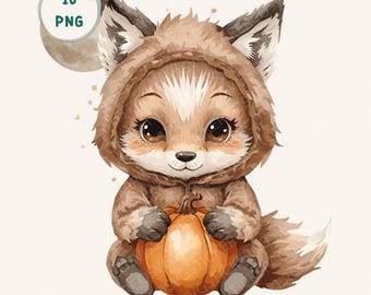 Pacchetto di clipart di animali di Halloween, 16 cuccioli di animali di Halloween in formato PNG per decorazioni per la cameretta dei bambini e sublimazione