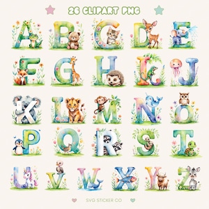 May include: A watercolor clipart set featuring the alphabet letters A through Z, each decorated with flowers and a different animal. The letters are in shades of green and blue, with the animals in their natural colors. The text "26 Clipart PNG" is at the top.