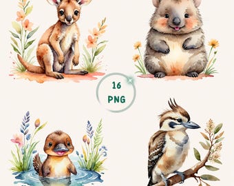 Pacchetto di clipart PNG di animali della savana australiana ad acquerello per compleanni a tema Australia e sublimazione per bambini.