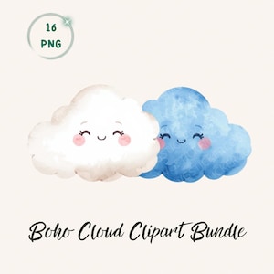 Puede incluir: Ilustración en acuarela de dos personajes de nubes sonrientes. Una nube es blanca, la otra azul. Ambas tienen mejillas rosadas y sonríen. El texto "Boho Cloud Clipart Bundle" está escrito debajo.