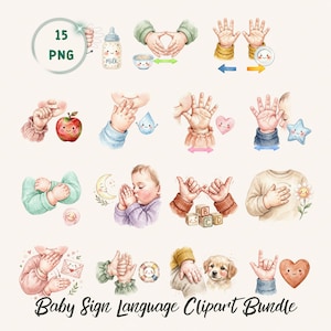 Aquarell Baby Gebärdensprache Clipart Bundle mit ASL PNGs für Lernprojekte