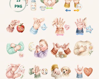 Pacchetto di clipart ad acquerello con linguaggio dei segni per bambini, con immagini PNG di ASL per progetti didattici.
