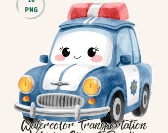 Pakiet clipartów akwarelowych z motywem transportu w formacie PNG do sublimacji na urodziny i do pokoju dziecięcego