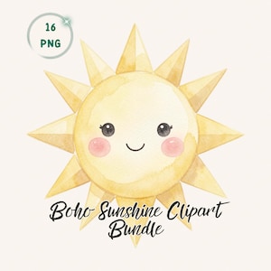 Op de afbeelding: Waterverfillustratie van een lachende zon met een gezicht, blos en stekelige stralen. De afbeelding bevat de tekst "Boho Sunshine Clipart Bundle" en een cirkel met de tekst "16 PNG".