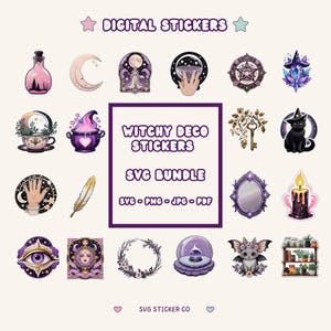 Witchy Stickers Bundle, 20 Mystical Journal & Planner PNG Designs for Scrapbooking