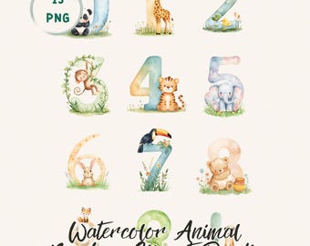 Pacchetto di clipart PNG di numeri di animali ad acquerello per compleanni importanti e schede didattiche.