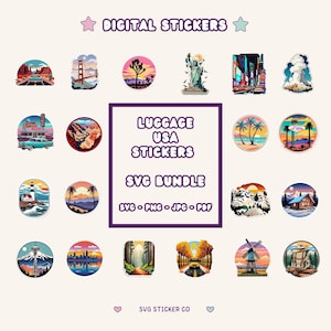 American Travel Stickers Pack, 20 Printable USA Travel Stickers, American Landmark States, Patriotic Stickers, USA Png, USA Svg, 4th of July