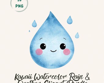 Clipart di meteo ad acquerello in stile kawaii, immagini PNG di gocce di pioggia primaverili per baby shower e decorazioni per la cameretta.