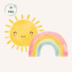 Può includere: Illustrazione ad acquerello di un sole giallo sorridente con raggi e un arcobaleno pastello. L'arcobaleno ha archi rosa, gialli, verdi e blu. L'immagine include il testo "16 PNG" in un cerchio.