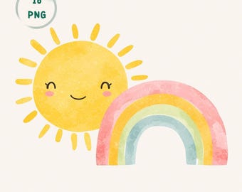 Clipart in stile boho acquerellato con arcobaleno e sole in formato PNG per la decorazione della cameretta e la sublimazione per baby shower.