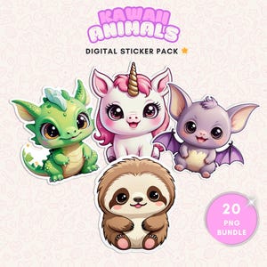 Digitale Kawaii Tiere Aufkleber Bundle, 20 süße druckbare Tiere Clipart, Wilde Tiere Png, lustige Tiere Aufkleber, Kawaii Clipart Png