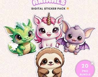 Pacchetto di adesivi digitali Kawaii con animali fantastici e file SVG per Cricut, stampabili per l'agenda GoodNotes.