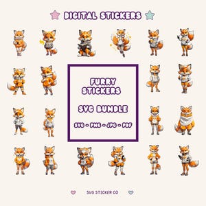 Fox Furry Stickers Pack, 20 leuke en grappige digitale harige stickers png, afdrukbare honden fursuit stickers, harige cadeau voor harige fandom, Fursona
