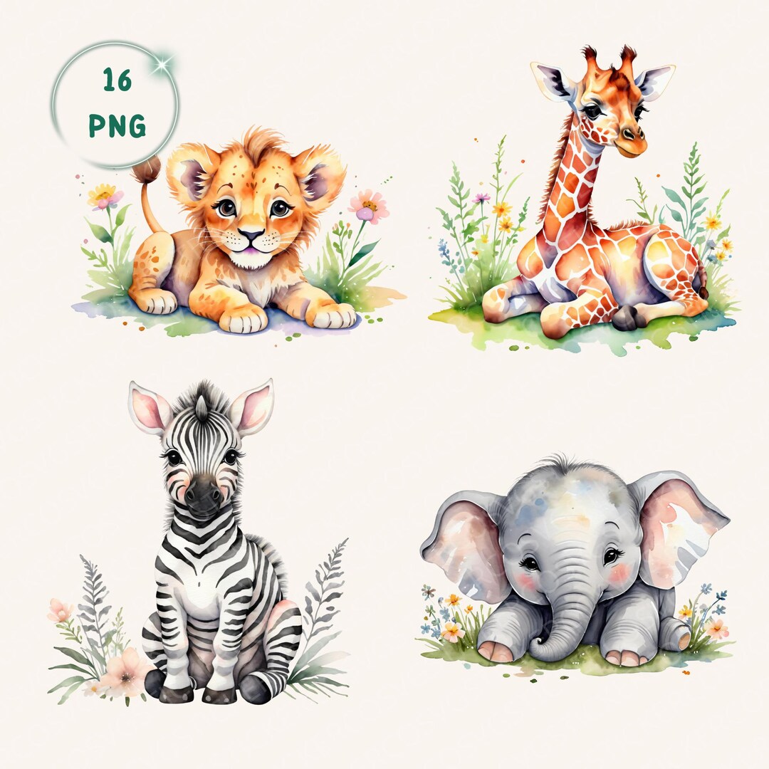 Watercolor Safari Baby Animal Clipart PNG for Wild One Birthday and ...