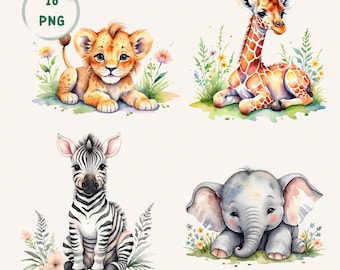 Akwarela Safari Baby Animal Clipart PNG na urodziny Wild One i sublimację do pokoju dziecięcego w dżungli