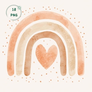 Peut inclure: Illustration d'un arc-en-ciel à l'aquarelle dans des tons pêche, beige et crème, avec un cœur au centre. L'image comprend le texte "18 PNG" dans un cercle vert et de petits points dorés éparpillés autour de l'arc-en-ciel.