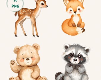 Pacchetto di clipart PNG di animali del bosco ad acquerello per baby shower a tema "Wild One" e sublimazione per la cameretta dei bambini.
