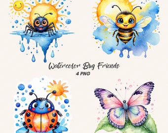 Clipart di insetti primaverili ad acquerello in formato PNG per la sublimazione di magliette per bambini e decorazioni per la cameretta.