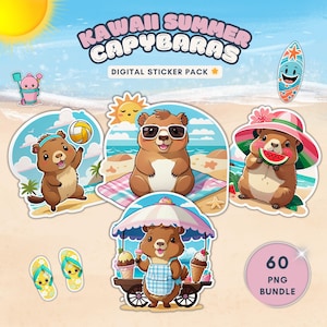 May include: A digital sticker pack featuring kawaii summer capybaras. The stickers include capybaras on the beach, with a volleyball, sunglasses, and eating watermelon. Other stickers include a surfboard, ice cream cart, and flip-flops. The pack includes 60 PNG files.