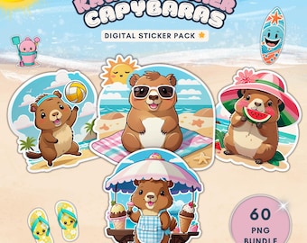 Letnia grafika 3D Kawaii Kapibara PNG, naklejki cyfrowe GoodNotes i pakiet sublimacji plażowej