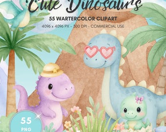 Pacchetto di clipart e carta digitale di un piccolo dinosauro ad acquerello, immagine PNG per sublimazione per il compleanno del bambino con tre Rex.