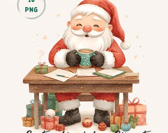 Watercolor Santa’s Workshop Clipart Bundle, 16 Christmas PNG Designs with Elves, Toys & Holiday Magic