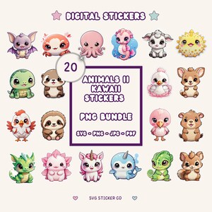 Paquete de pegatinas digitales de animales kawaii, 20 imágenes prediseñadas de animales lindos para imprimir, animales salvajes PNG, paquete de pegatinas de animales divertidos, imágenes prediseñadas kawaii PNG
