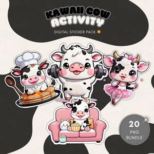 Paquete de pegatinas digitales de vaca kawaii, 20 diseños de vacas lindas (PNG), imágenes prediseñadas de vaca lechera, diseños de pegatinas de vaca lindas, diseño de sublimación de vaca (PNG)