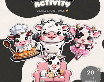 Adesivi digitali 3D Kawaii a forma di mucca per GoodNotes Planner, pacchetto PNG divertente con animali e hobby per sublimazione
