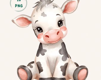 Pacchetto di clipart PNG di animali da fattoria ad acquerello per compleanno a tema mucca sacra e cameretta a tema fattoria, ideale per la sublimazione.