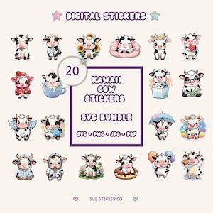 Kawaii Cow Stickers Packs, 20 Dairy Cow Stickers Png, Printable Cow With Flowers Stickers, Cute Cow Stickers Svg, Cow Gifts For Cow Lovers